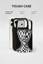 Checkerboard Face Tough iPhone Case — Black & White Surreal Art Protective Cover