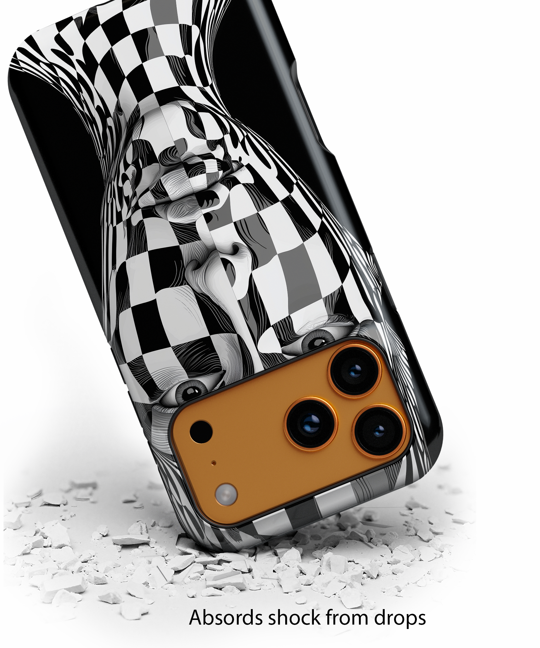 Checkerboard Face Tough iPhone Case — Black & White Surreal Art Protective Cover