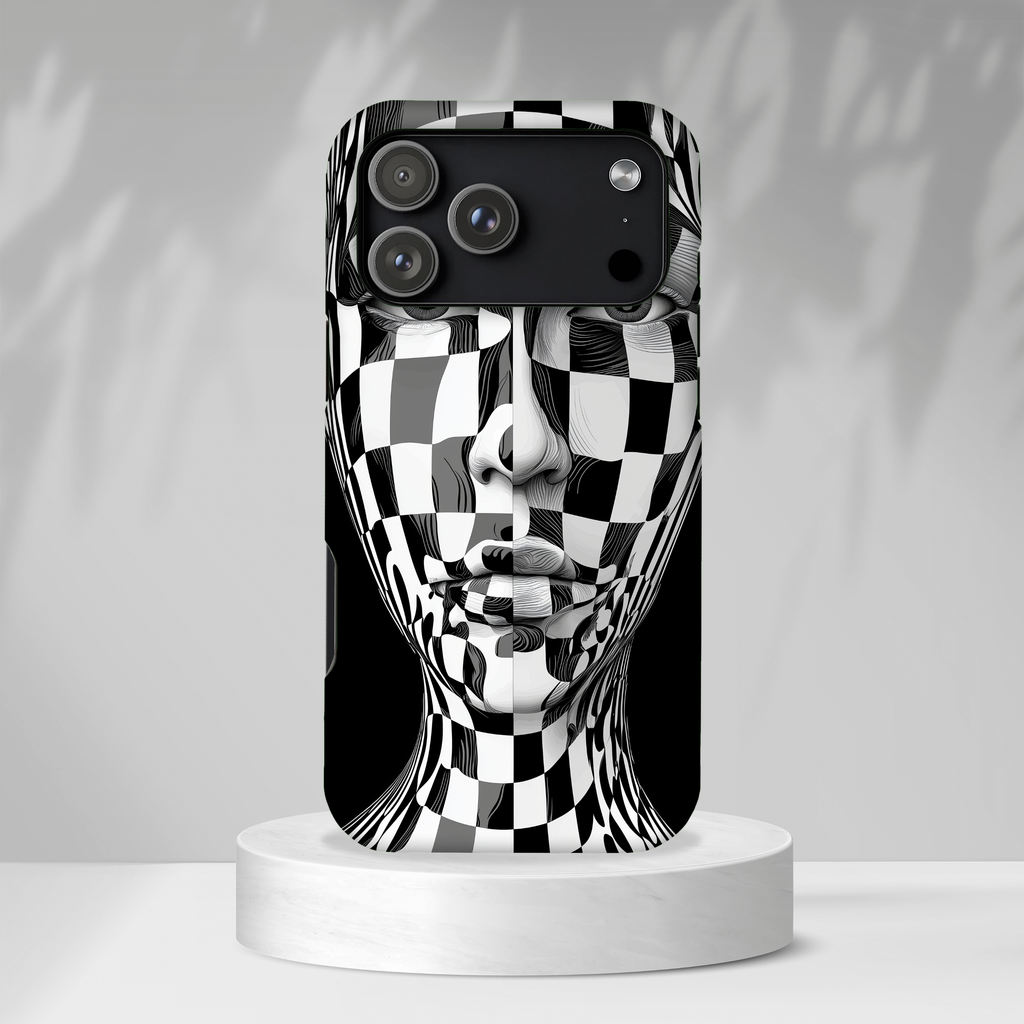 Checkerboard Face Tough iPhone Case — Black & White Surreal Art Protective Cover