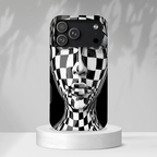Checkerboard Face Tough iPhone Case — Black & White Surreal Art Protective Cover