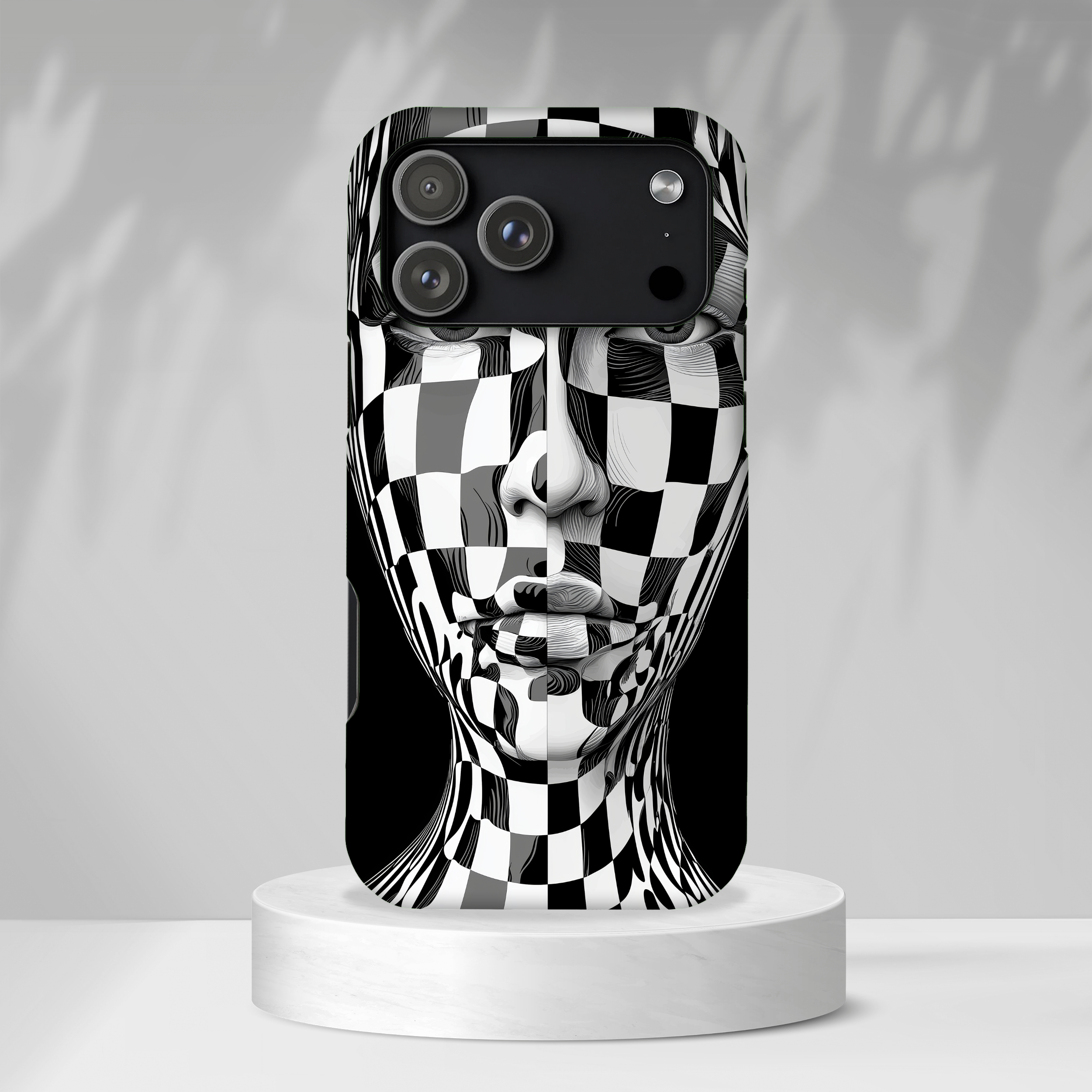 Checkerboard Face Tough iPhone Case — Black & White Surreal Art Protective Cover
