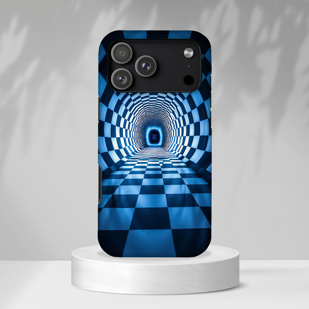 Blue Checkered Tunnel iPhone Case — 3D Optical Illusion Tough Case