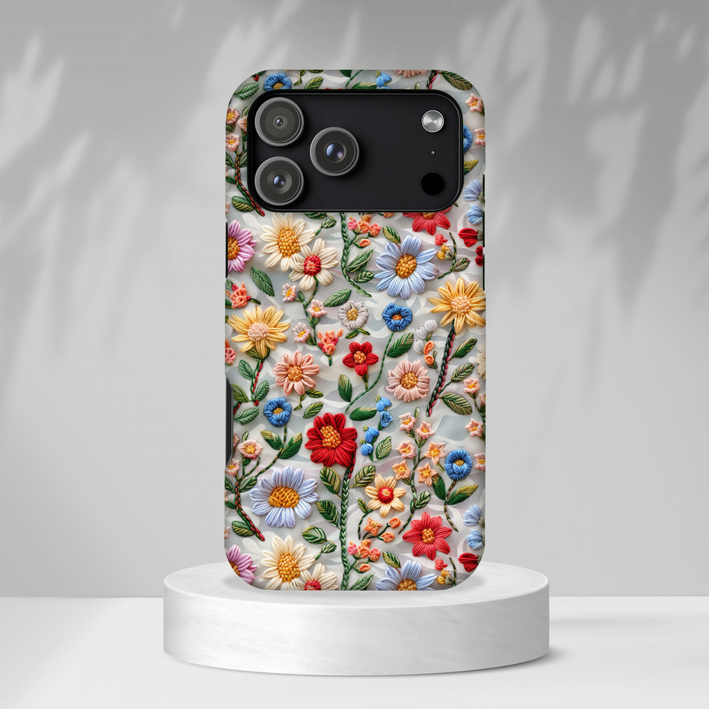 Floral Embroidered Pattern Tough iPhone Case — Colourful Daisy & Wildflower Design