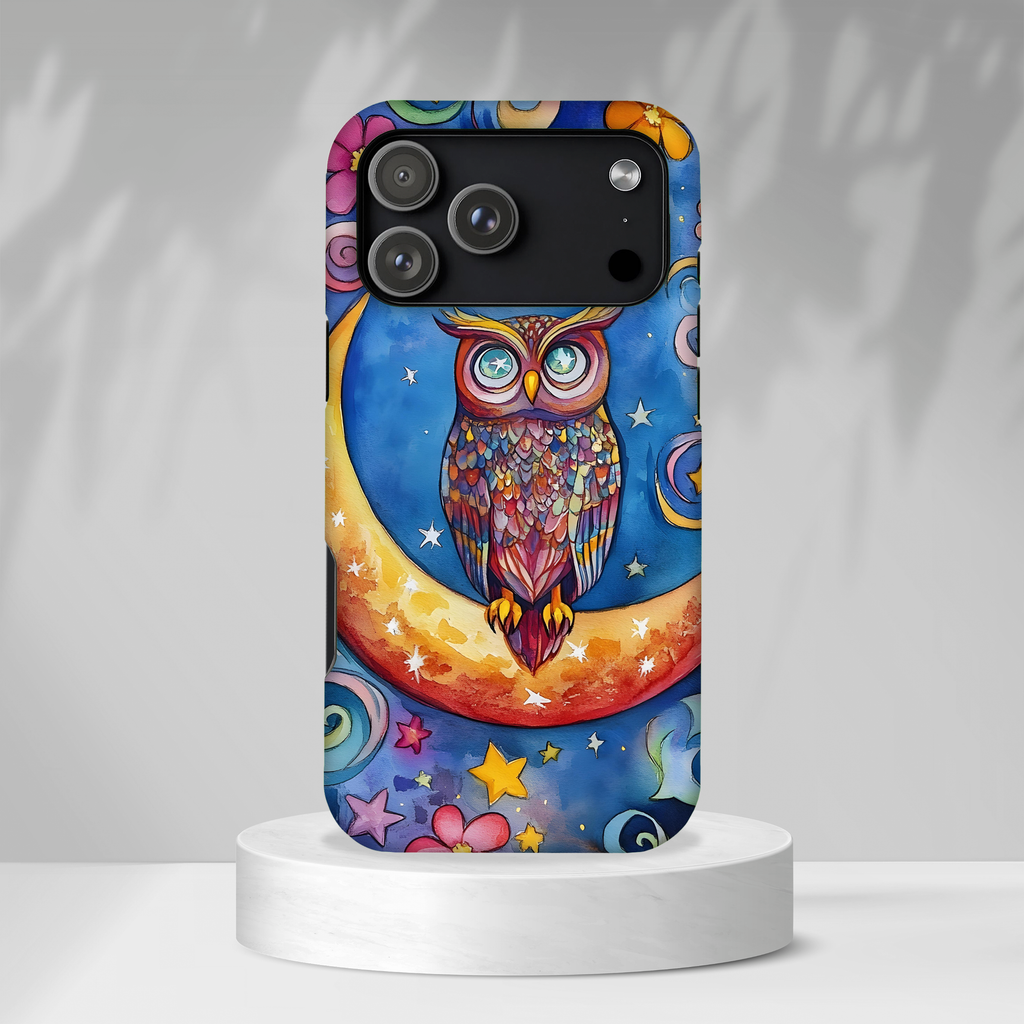 Owl on Crescent Moon iPhone Case — Colourful Whimsical Night Sky Design