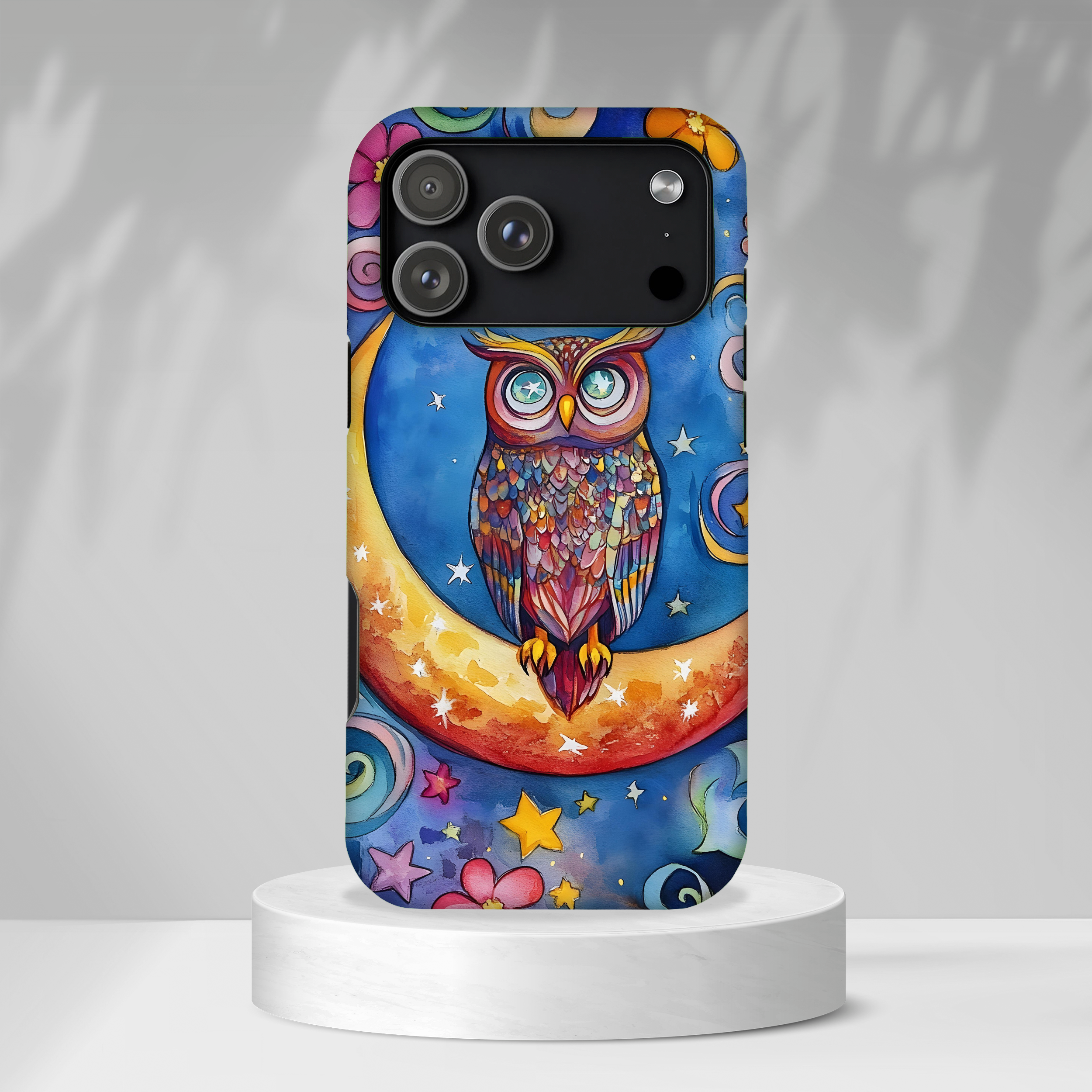 Owl on Crescent Moon iPhone Case — Colourful Whimsical Night Sky Design