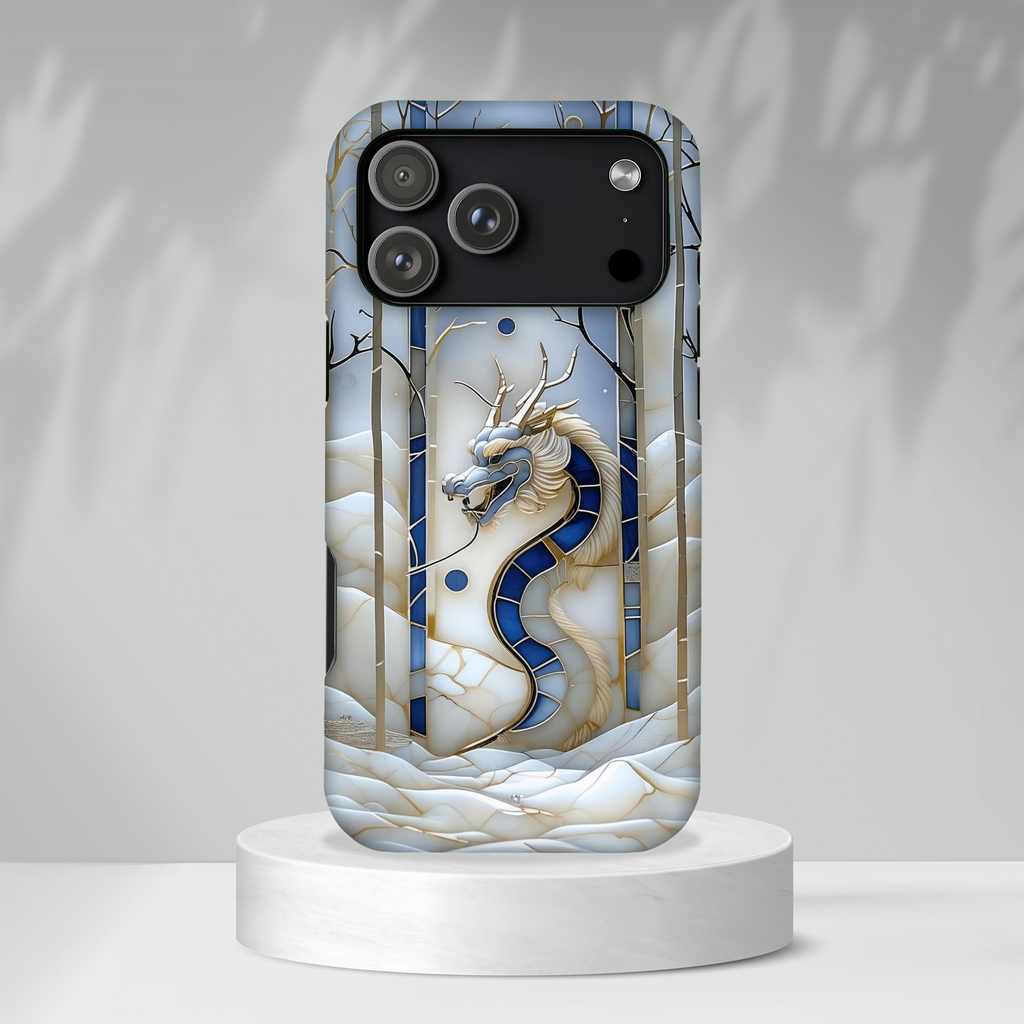 Dragon Stained Glass iPhone Case — Blue Winter Forest Protective Cover