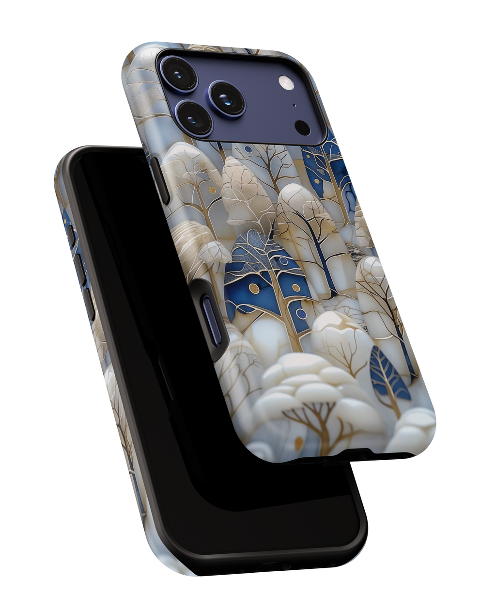 Blue Gold Winter Forest iPhone Case — Elegant Tree Pattern Tough Case