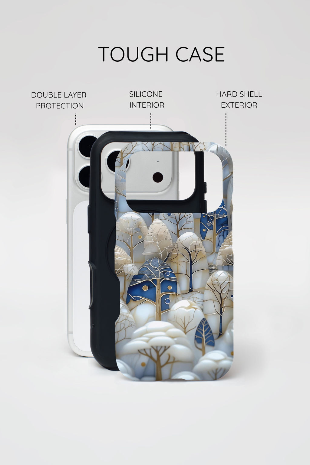 Blue Gold Winter Forest iPhone Case — Elegant Tree Pattern Tough Case