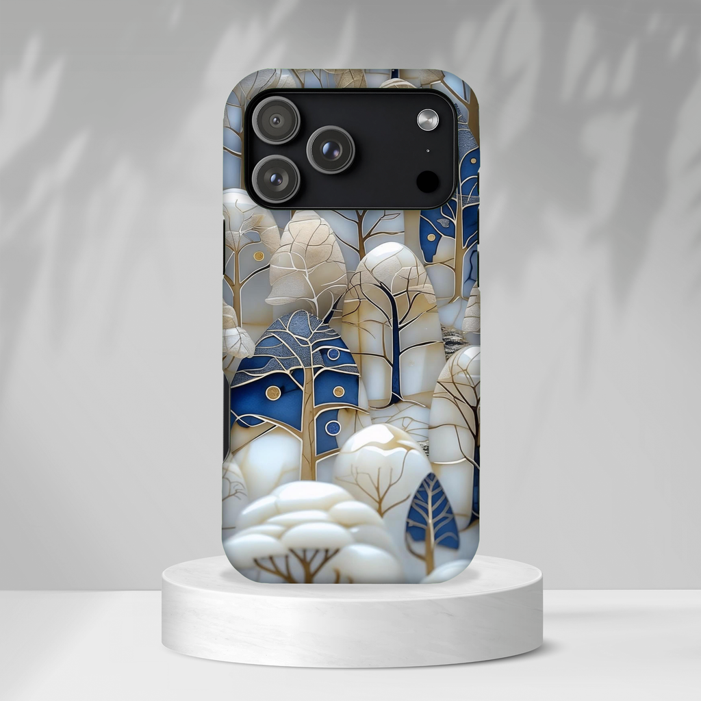 Blue Gold Winter Forest iPhone Case — Elegant Tree Pattern Tough Case