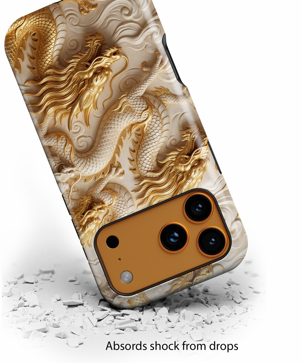 Custodia per iPhone con motivo a drago in rilievo — Custodia protettiva con drago intagliato in oro