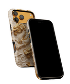 Custodia per iPhone con motivo a drago in rilievo — Custodia protettiva con drago intagliato in oro