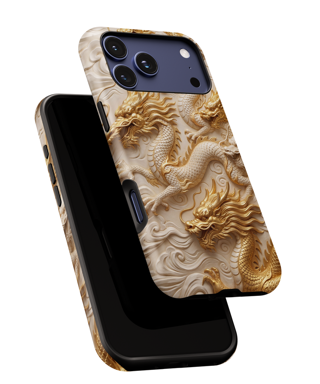 Custodia per iPhone con motivo a drago in rilievo — Custodia protettiva con drago intagliato in oro