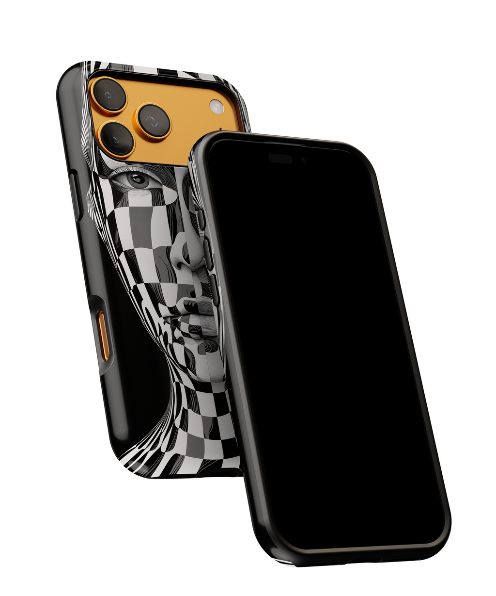 Checkerboard Face Tough iPhone Case — Black & White Surreal Art Protective Cover