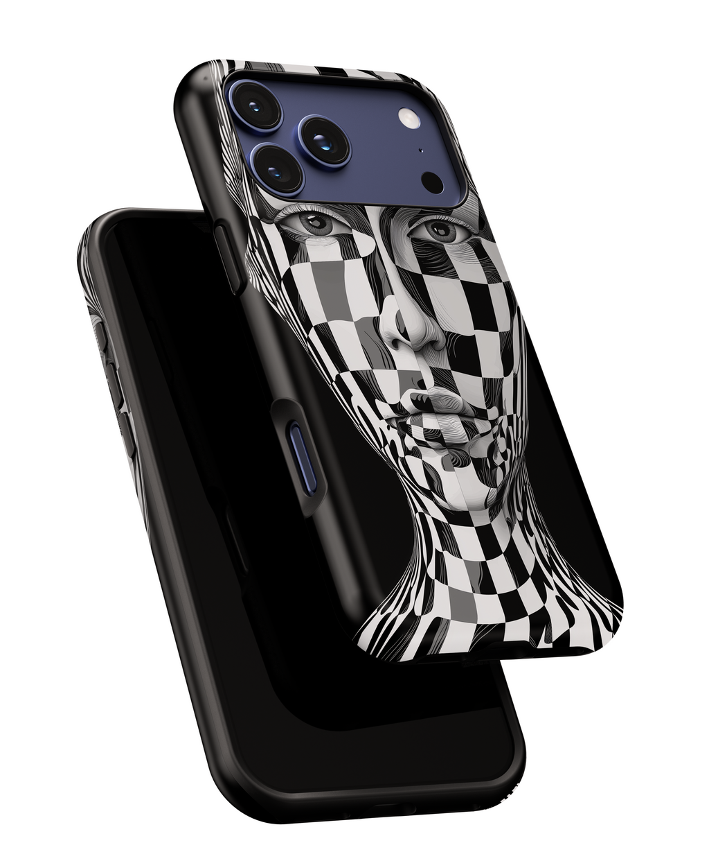Checkerboard Face Tough iPhone Case — Black & White Surreal Art Protective Cover