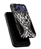 Checkerboard Face Tough iPhone Case — Black & White Surreal Art Protective Cover
