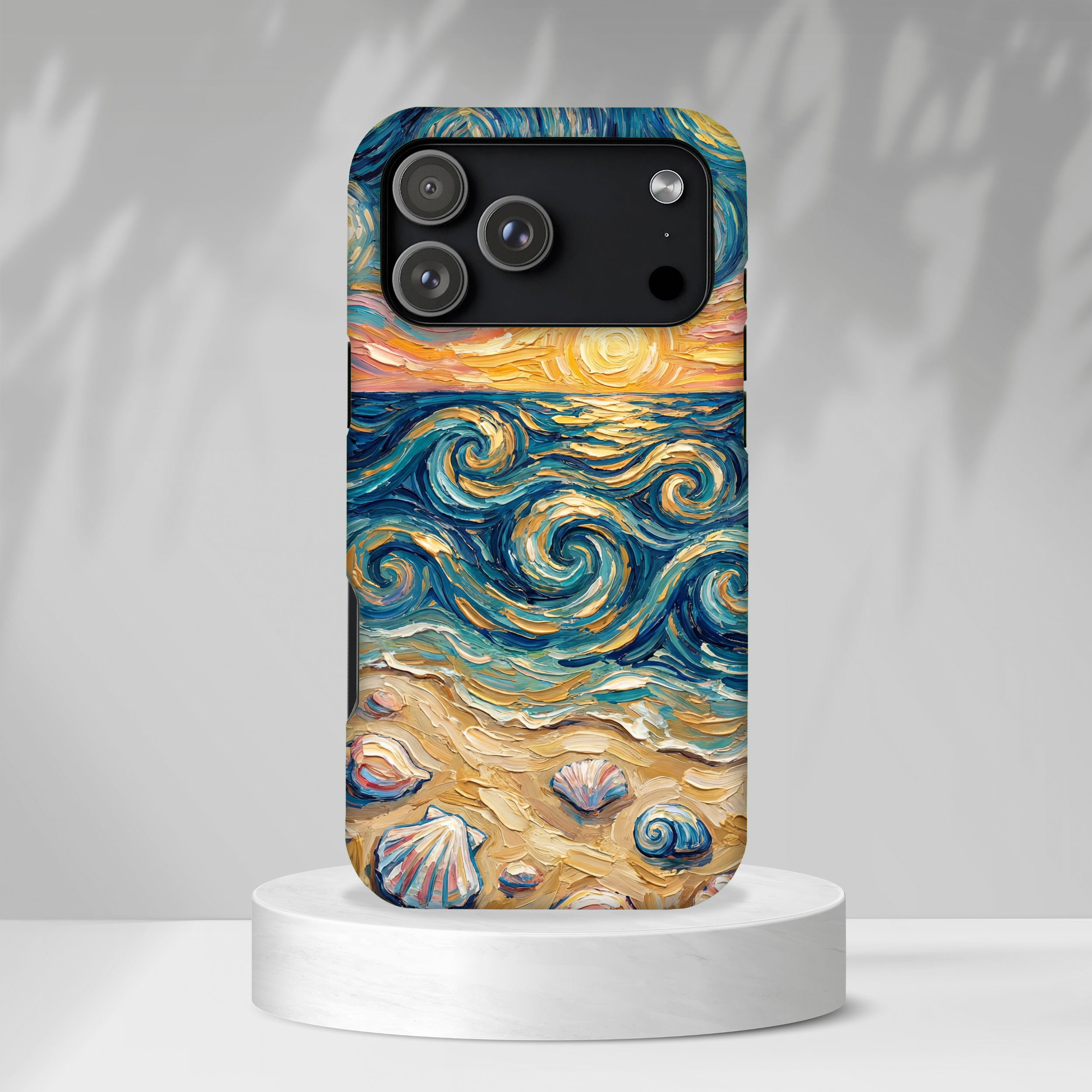 Sea Sunset iPhone Case — Van Gogh‑Style Beach Waves with Shells