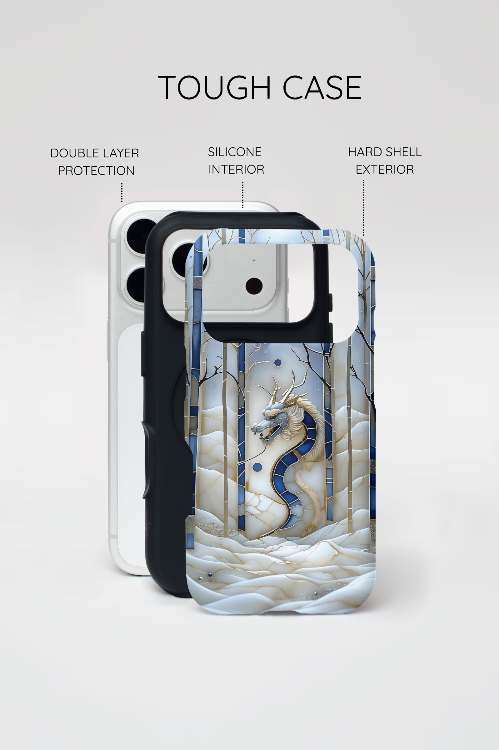 Dragon Stained Glass Tough MagSafe Phone Case — Blue & Ivory Medieval Art