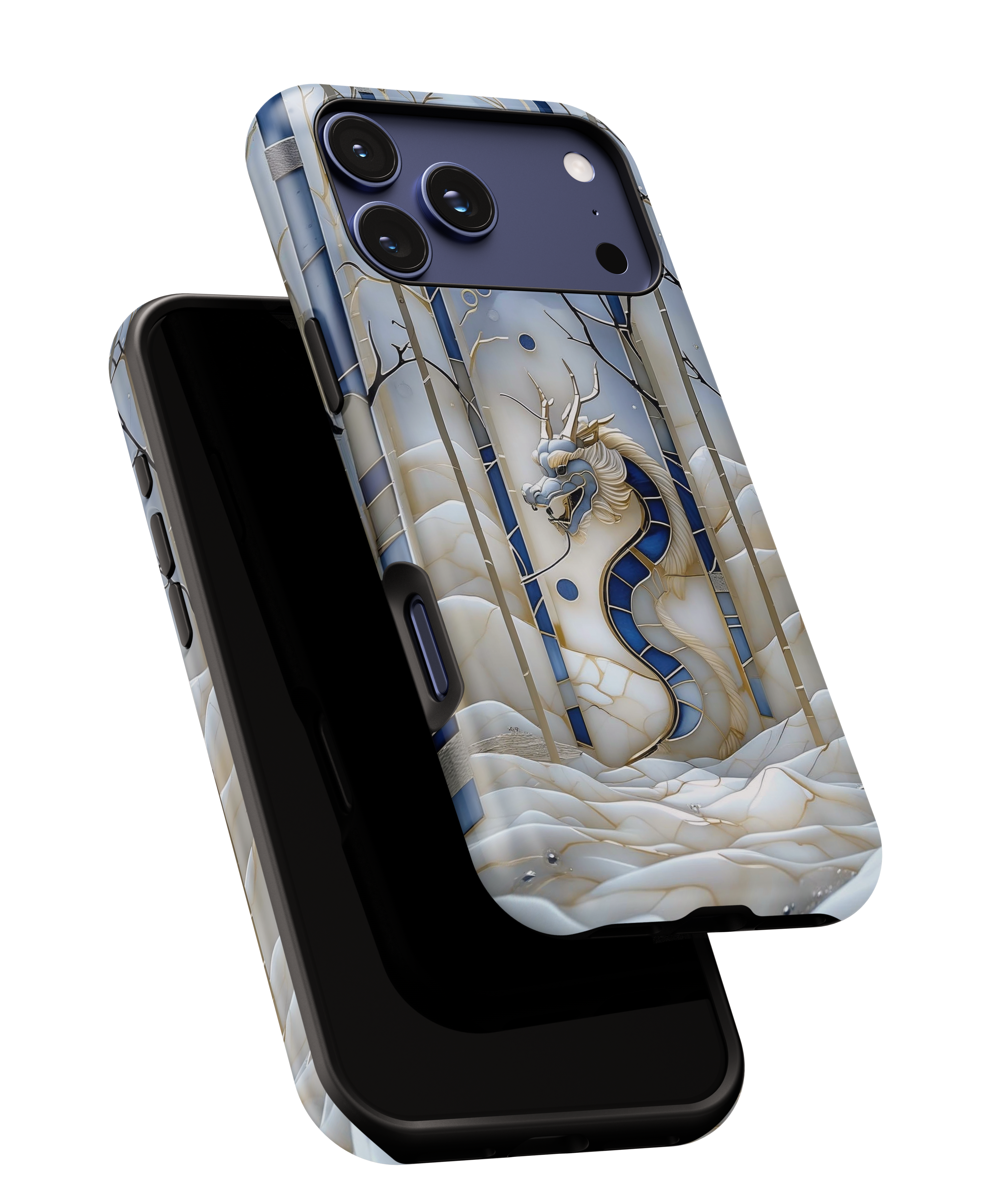 Dragon Stained Glass Tough MagSafe Phone Case — Blue & Ivory Medieval Art