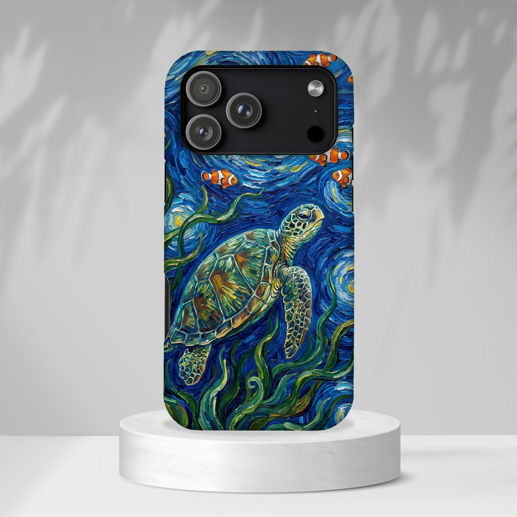 Sea Turtle & Clownfish Tough iPhone Case | Van Gogh Style Ocean Art