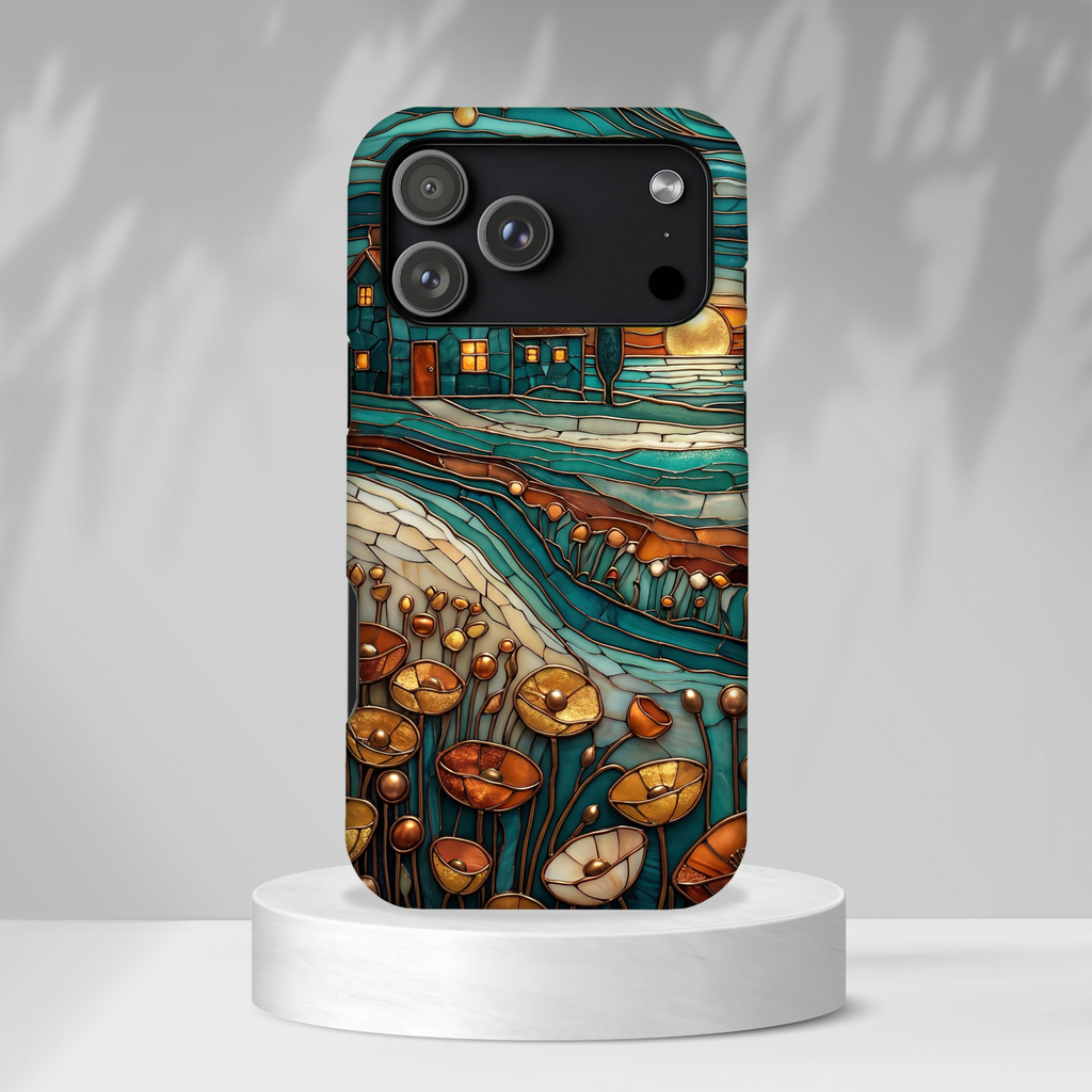 Artistic Sunset Cottage iPhone Case | Whimsical Floral Landscape Protective Cover
