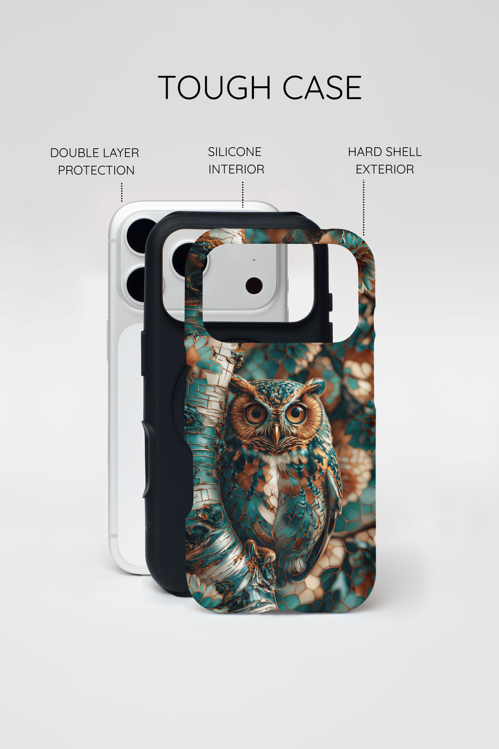 Custodia rigida per iPhone Owl Forest | Custodia protettiva rustica con animali selvatici color verde acqua e marrone