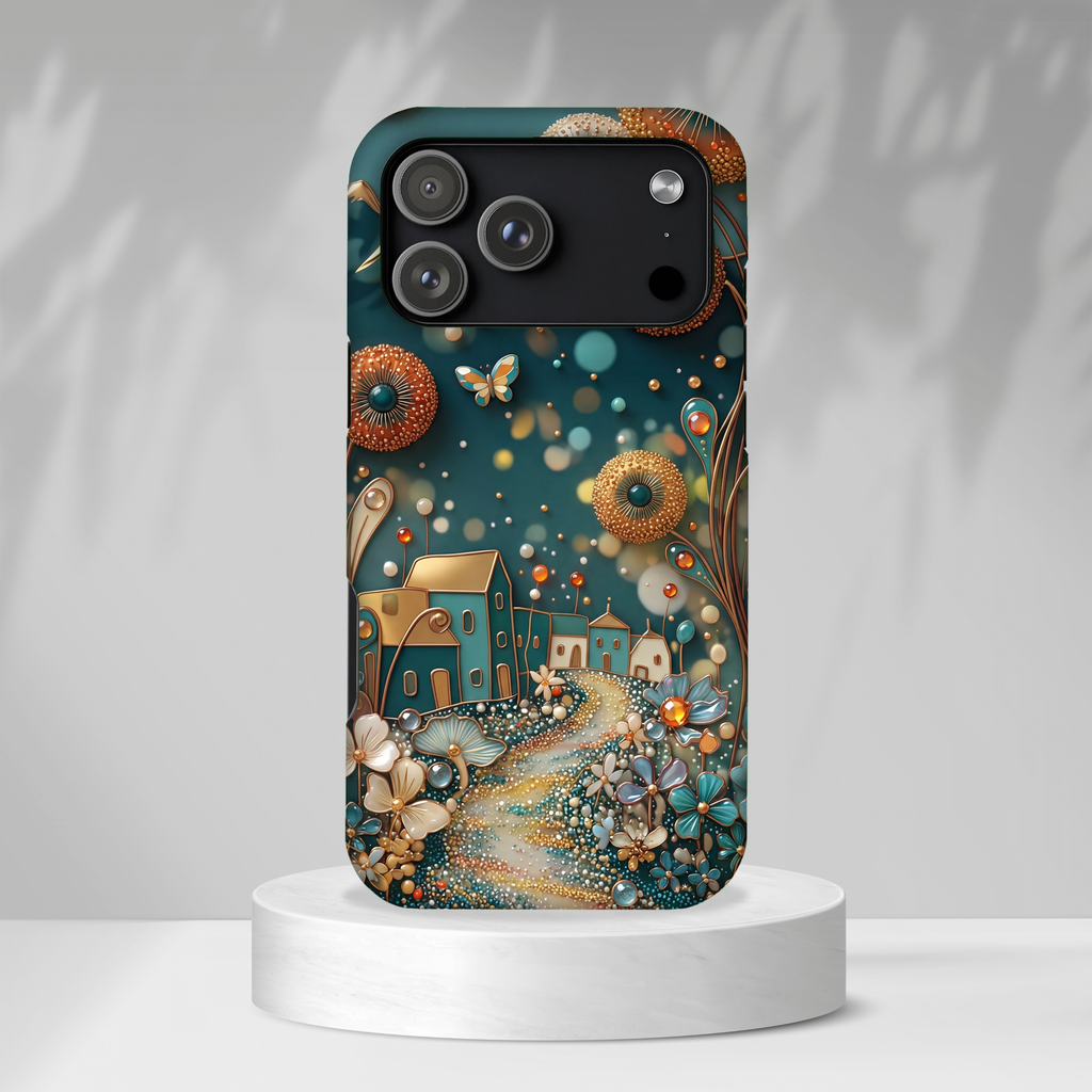 Whimsical Night Village iPhone Case | Floral Moonlit Art Tough Case
