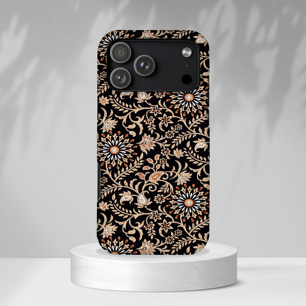 Batik Floral Black Ornate Daisies Tough iPhone Case