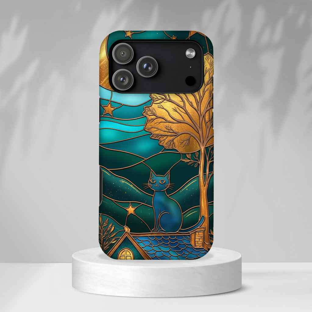 Stained Glass Cat Tough iPhone Case — Gold Tree & Starry Night Design