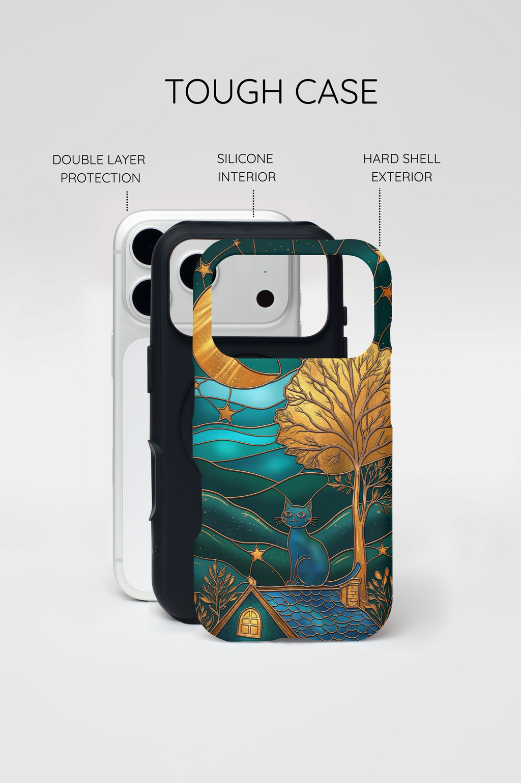 Art Nouveau Cat iPhone Case | Stained Glass Moon & Tree Tough MagSafe Case