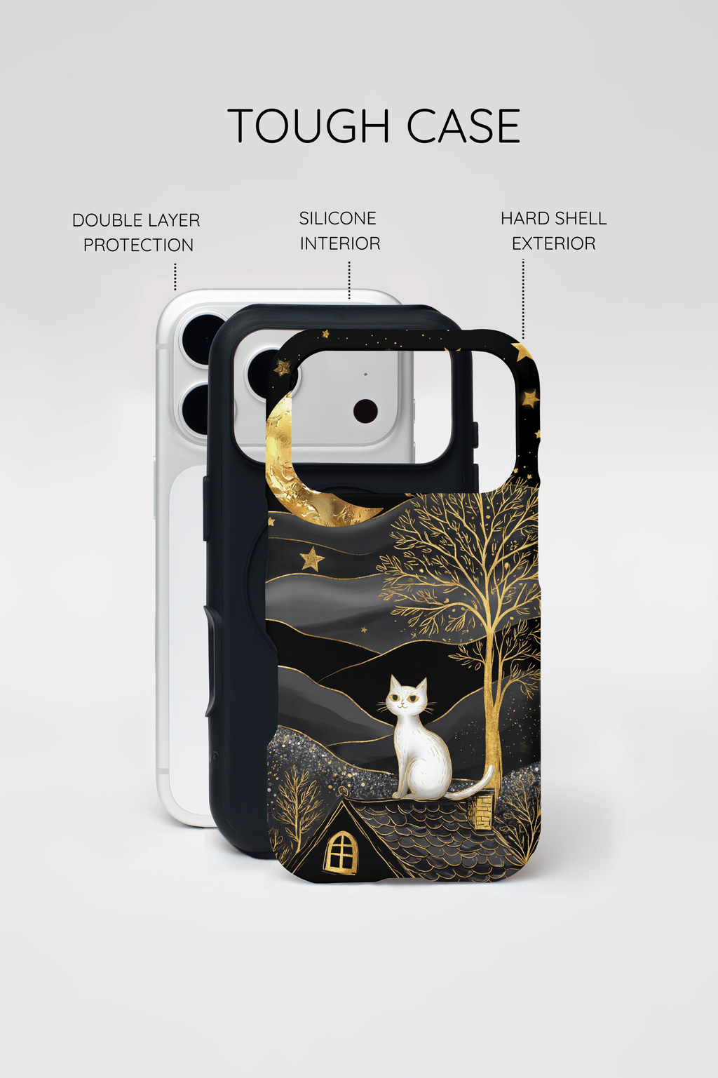 Custodia per iPhone Moonlit Cat | Custodia resistente MagSafe nera e oro