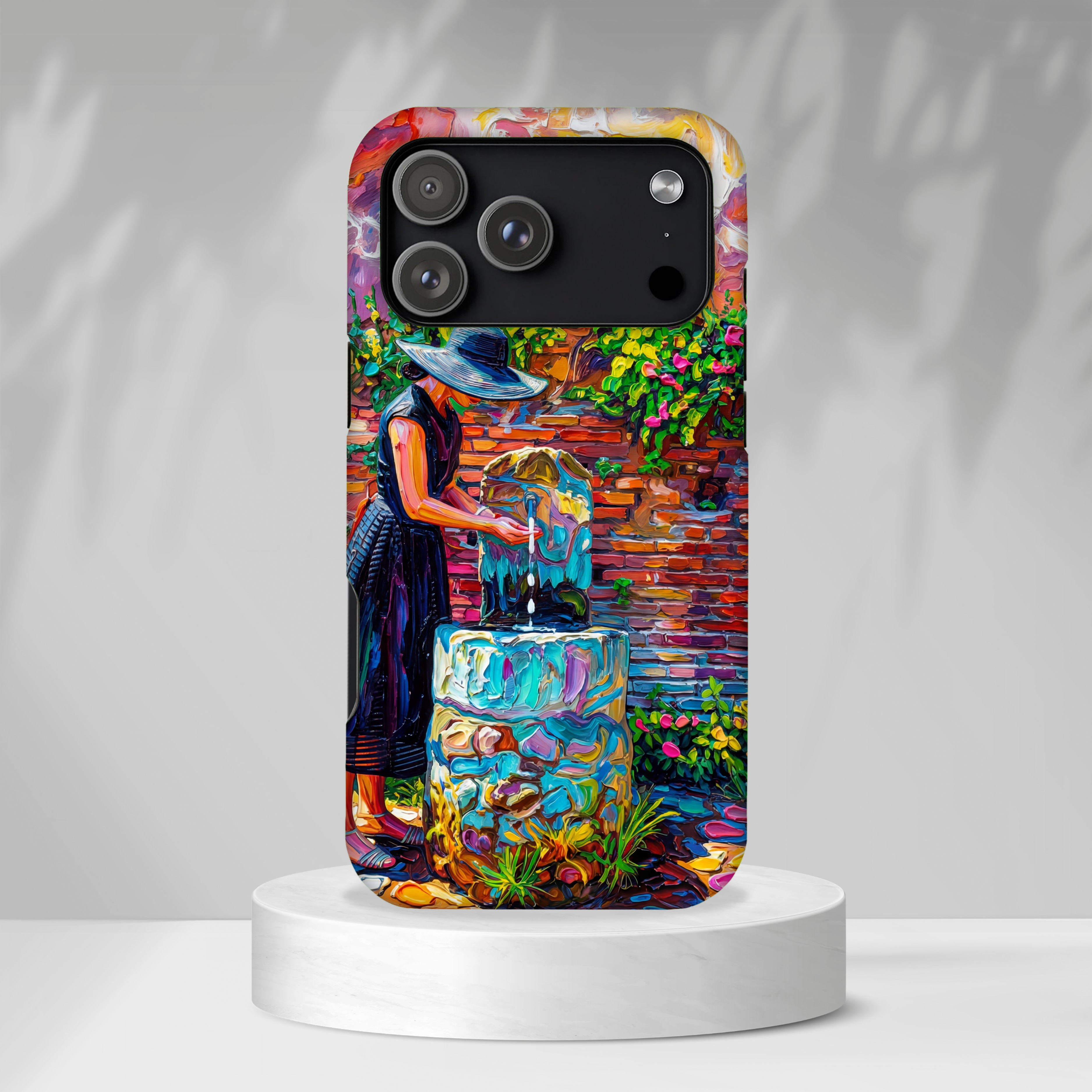 Artistic Garden iPhone Case | Woman at Fountain Colourful Painterly Design
