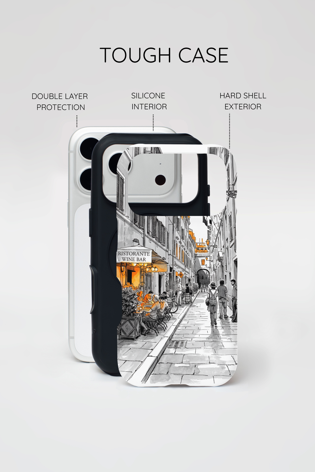 Custodia per iPhone Vintage Italy Street | Schizzo in bianco e nero con dettagli arancioni