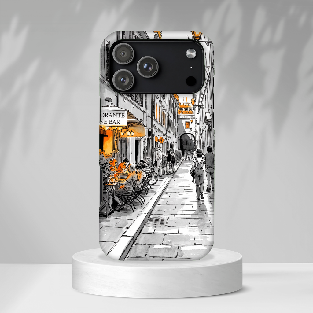 Custodia per iPhone Vintage Italy Street | Schizzo in bianco e nero con dettagli arancioni