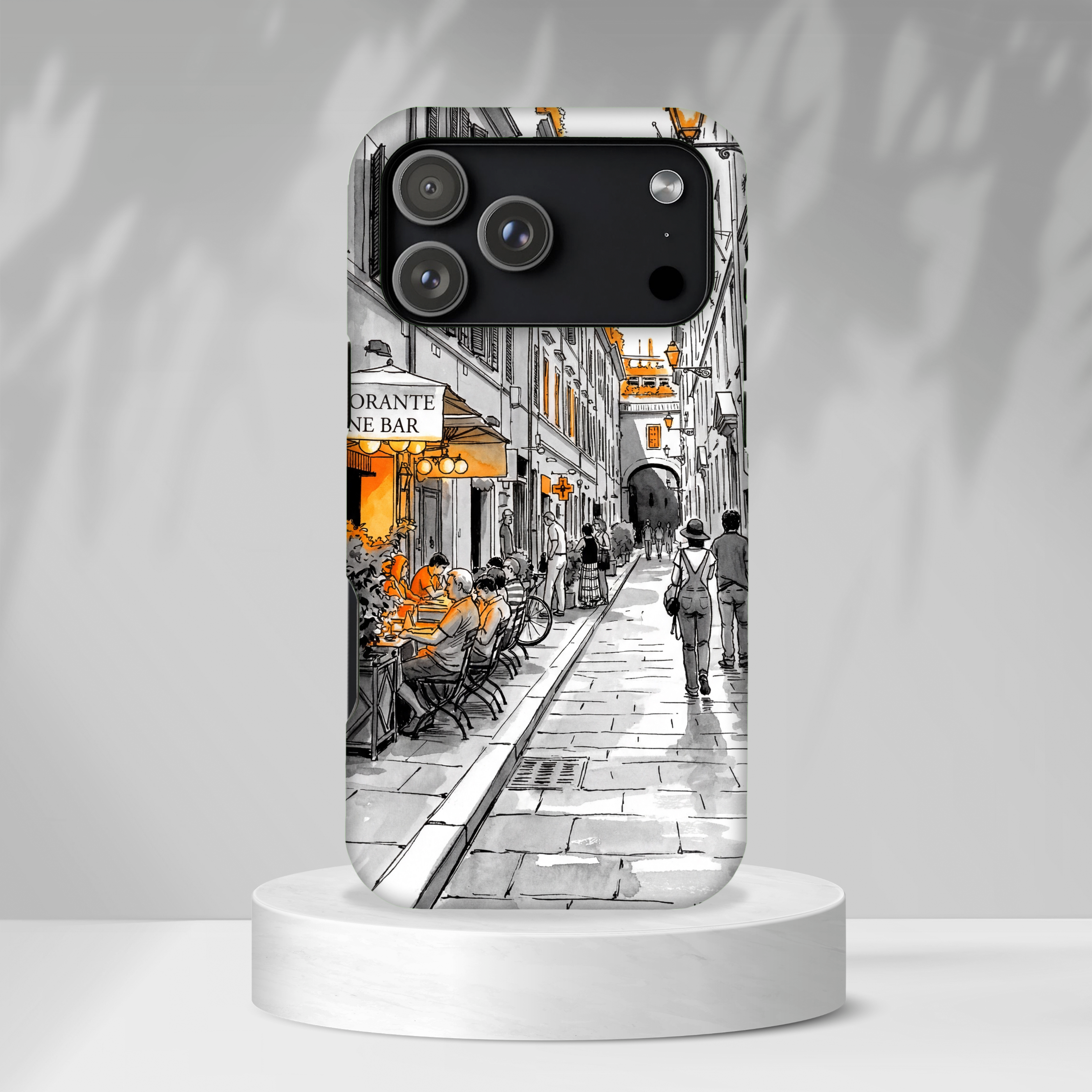 Vintage Italy Street iPhone Case | Black & White Sketch with Orange Accent