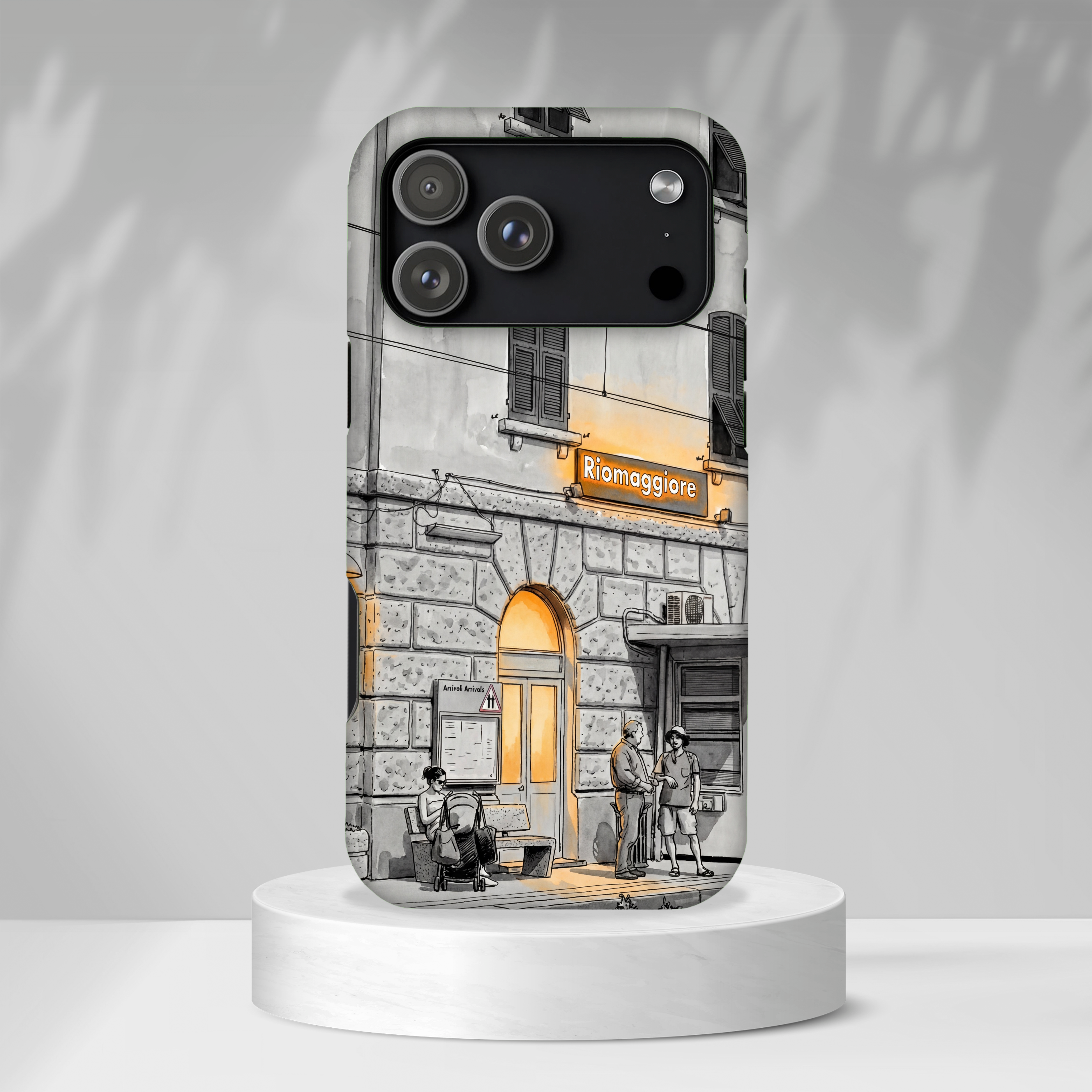 Cinque Terre Train Station iPhone Case | Black & White Sketch with Warm Yellow Accents