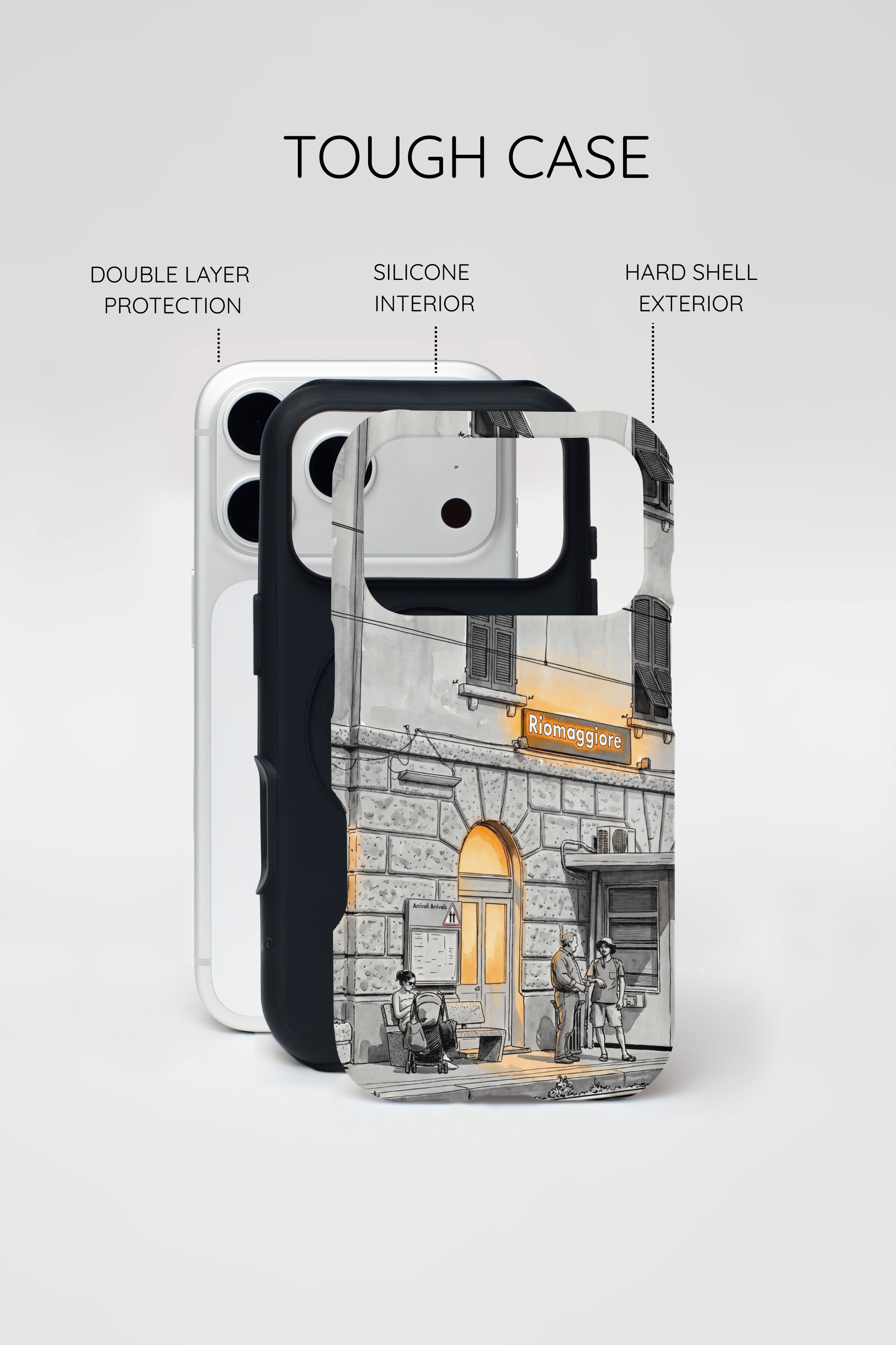 Cinque Terre Train Station iPhone Case | Black & White Sketch with Warm Yellow Accents