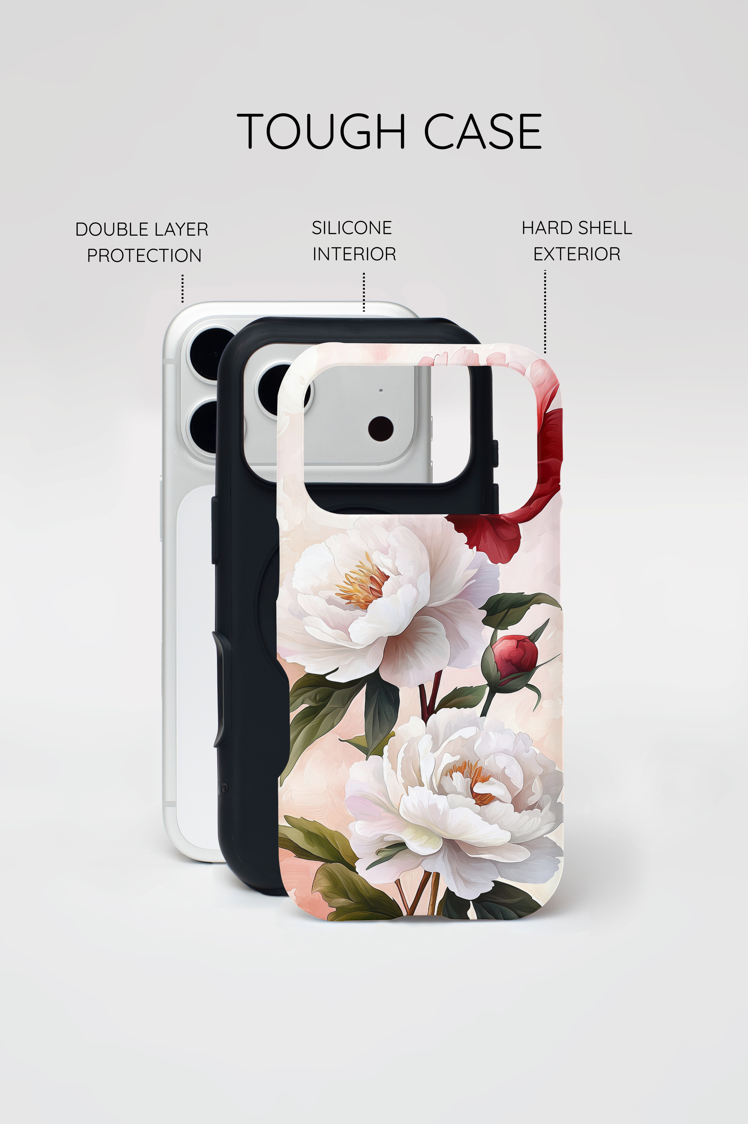 Custodia MagSafe per iPhone resistente con motivo floreale Peony | Design vintage con rose