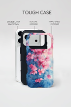 Custodia MagSafe per iPhone con motivo floreale di ciliegio in fiore | Acquerello rosa e blu