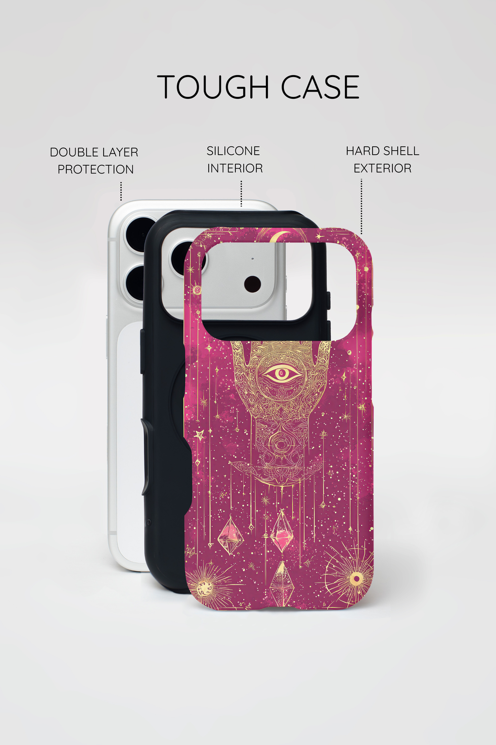 Mystic Hamsa iPhone Case | Gold Palm & All-Seeing Eye on Magenta Galaxy