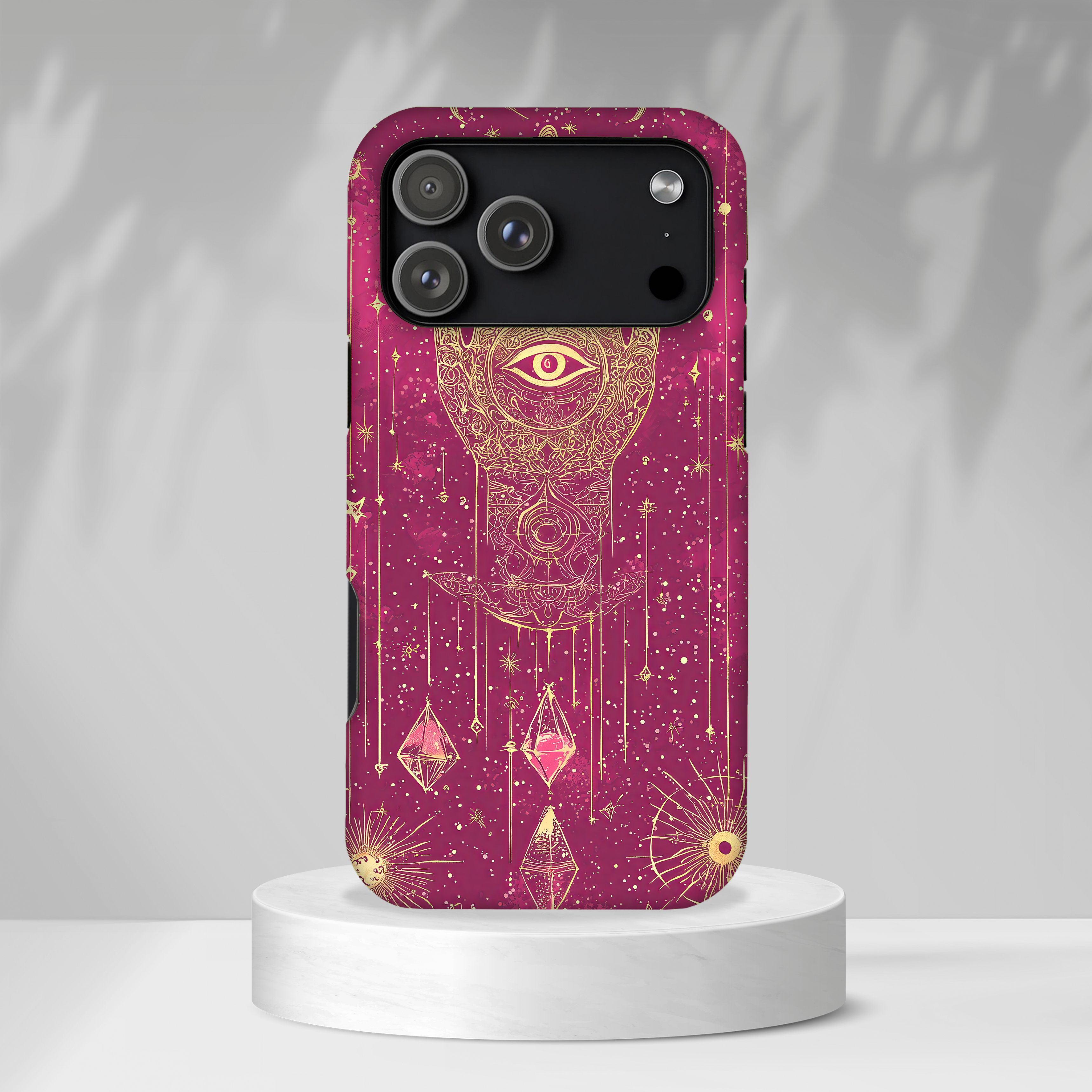 Mystic Hamsa iPhone Case | Gold Palm & All-Seeing Eye on Magenta Galaxy