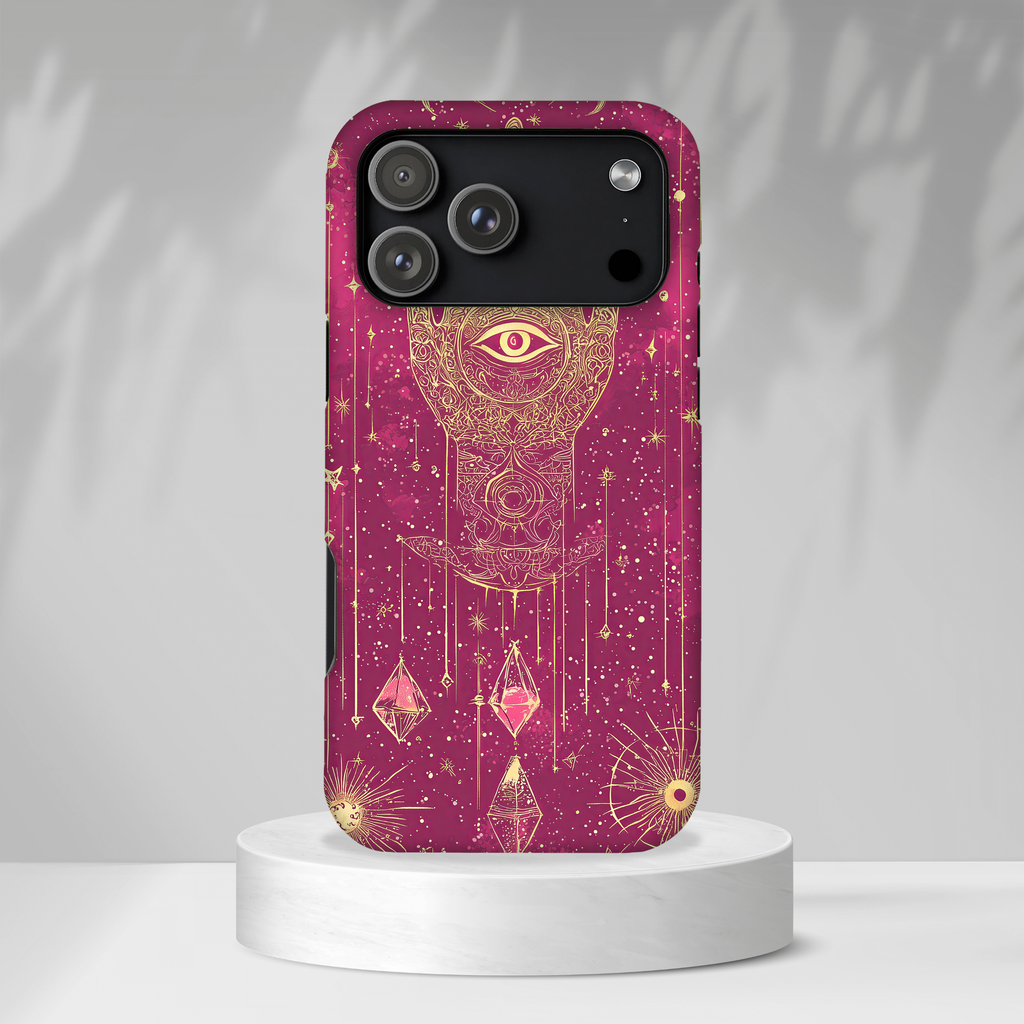 Custodia MagSafe per iPhone Mystic Hamsa | Palma dorata e occhio onniveggente su galassia magenta