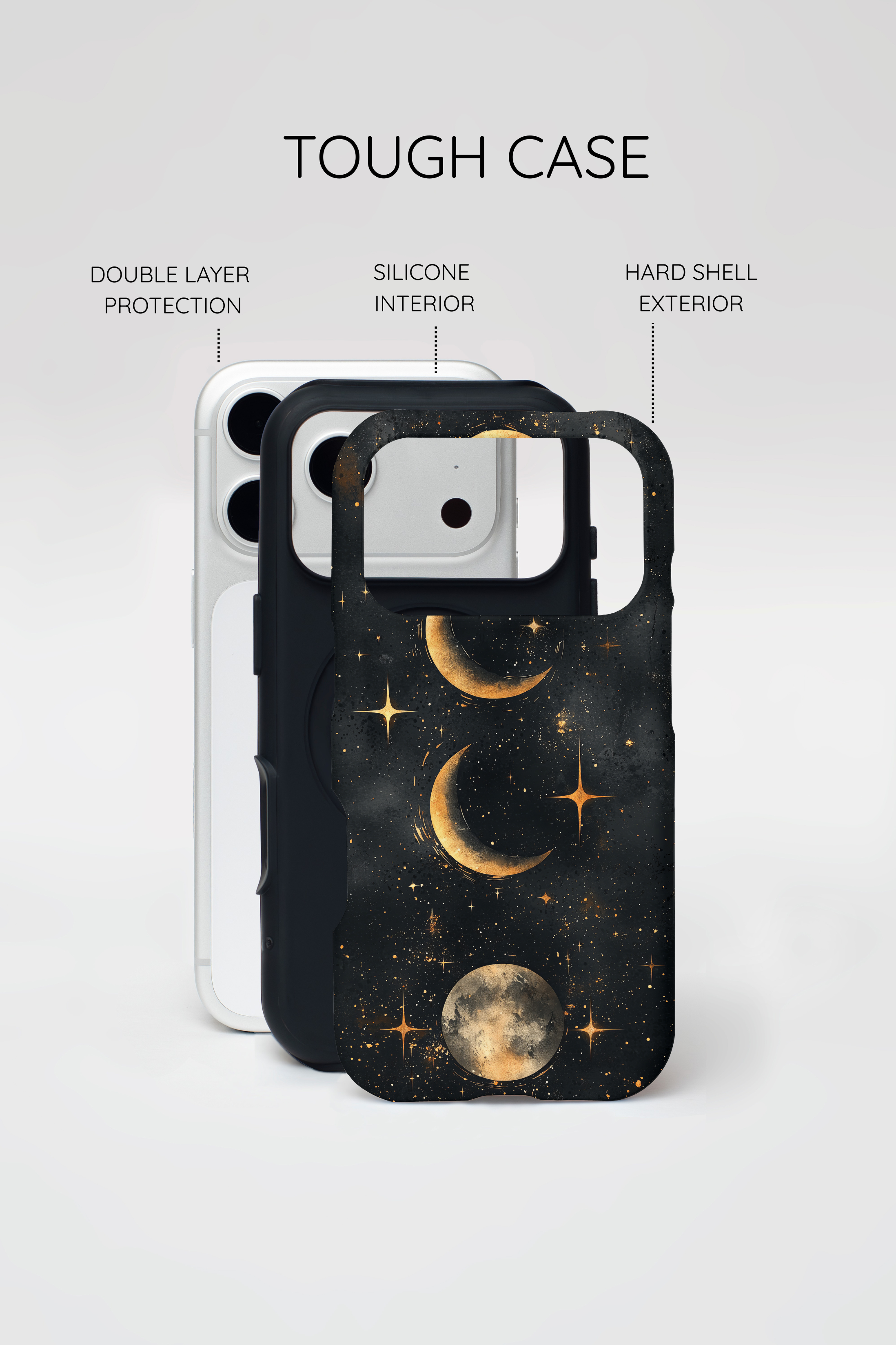 Celestial Moon Phases Tough iPhone Case | Gold Crescent & Full Moon Galaxy Design