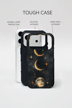 Custodia rigida MagSafe per iPhone con fasi lunari celestiali | Design a forma di galassia con mezzaluna dorata e luna piena