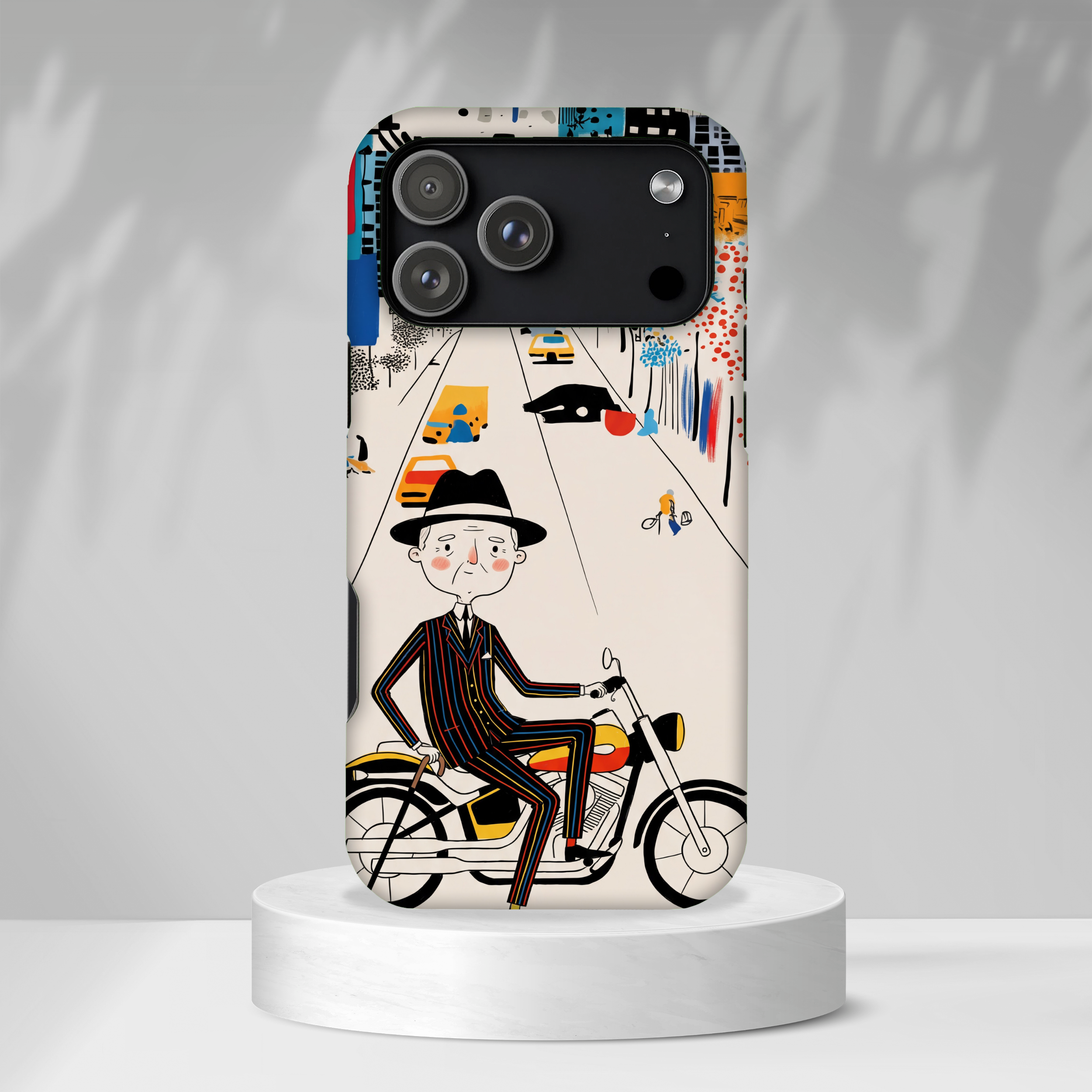 Vintage Grandpa Rider Motorcycle iPhone Case | Illustrated Cityscape