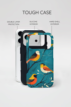 Bird Pattern Tough MagSafe iPhone Case | Colourful Songbirds on Teal Background