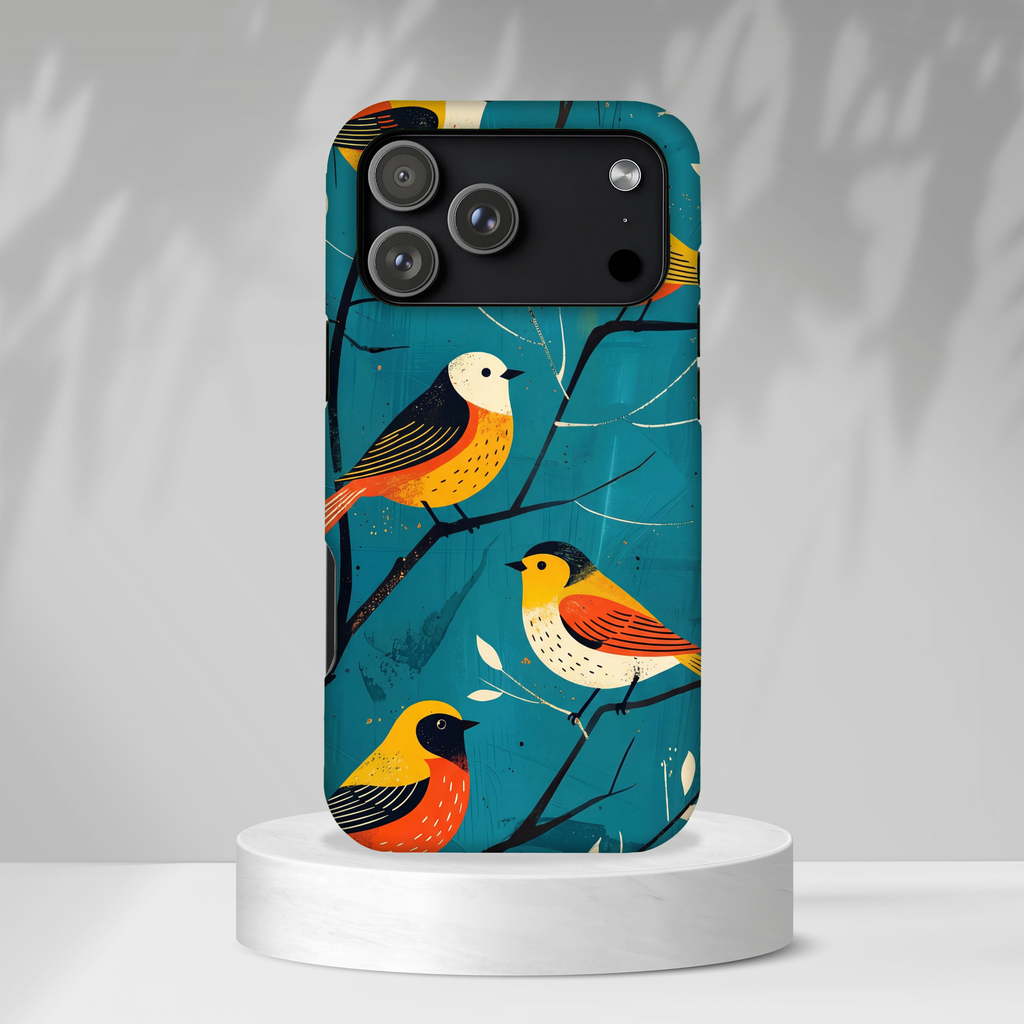 Bird Pattern Tough MagSafe iPhone Case | Colourful Songbirds on Teal Background