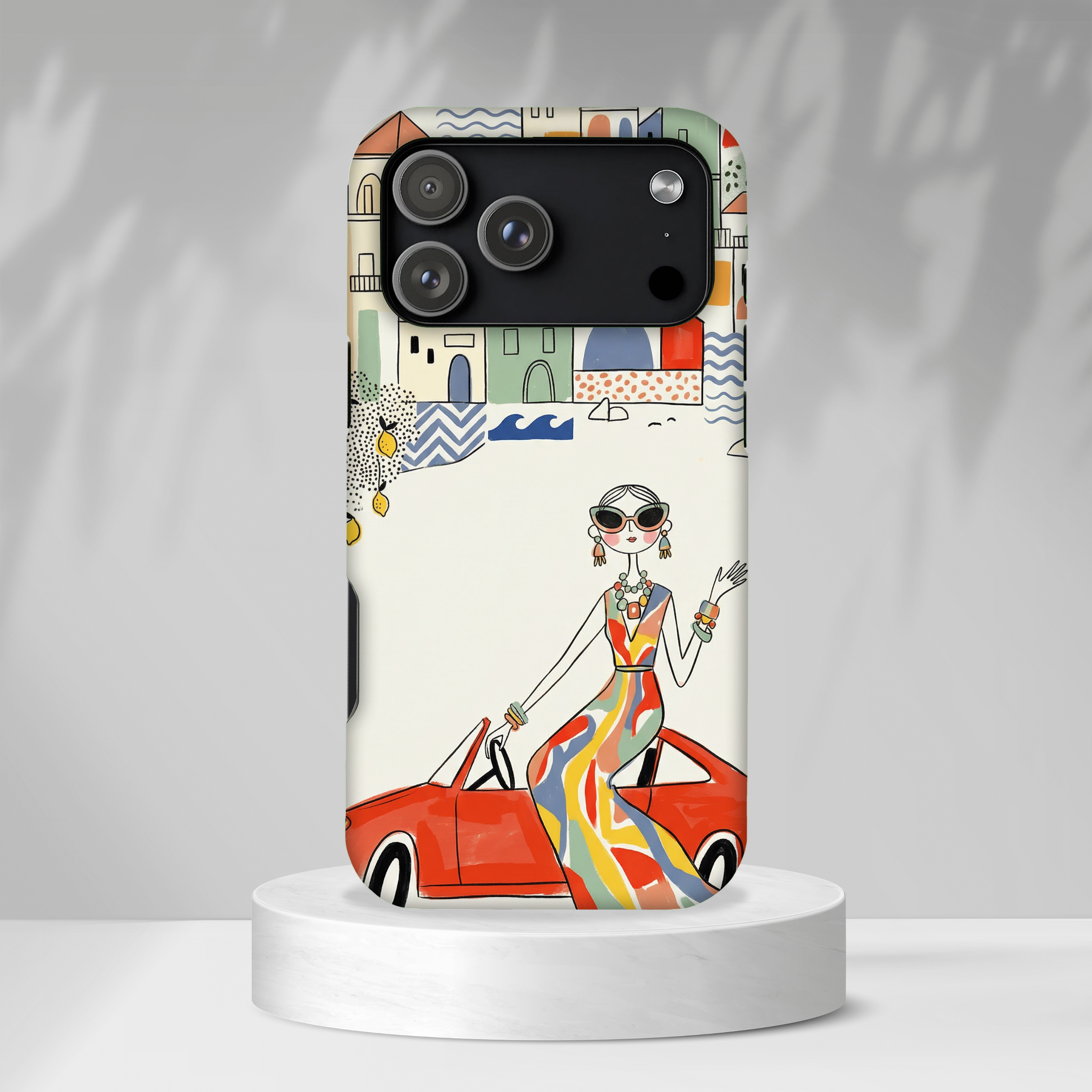 Stylish Riviera MagSafe iPhone Case | Chic Retro Woman in Convertible Design