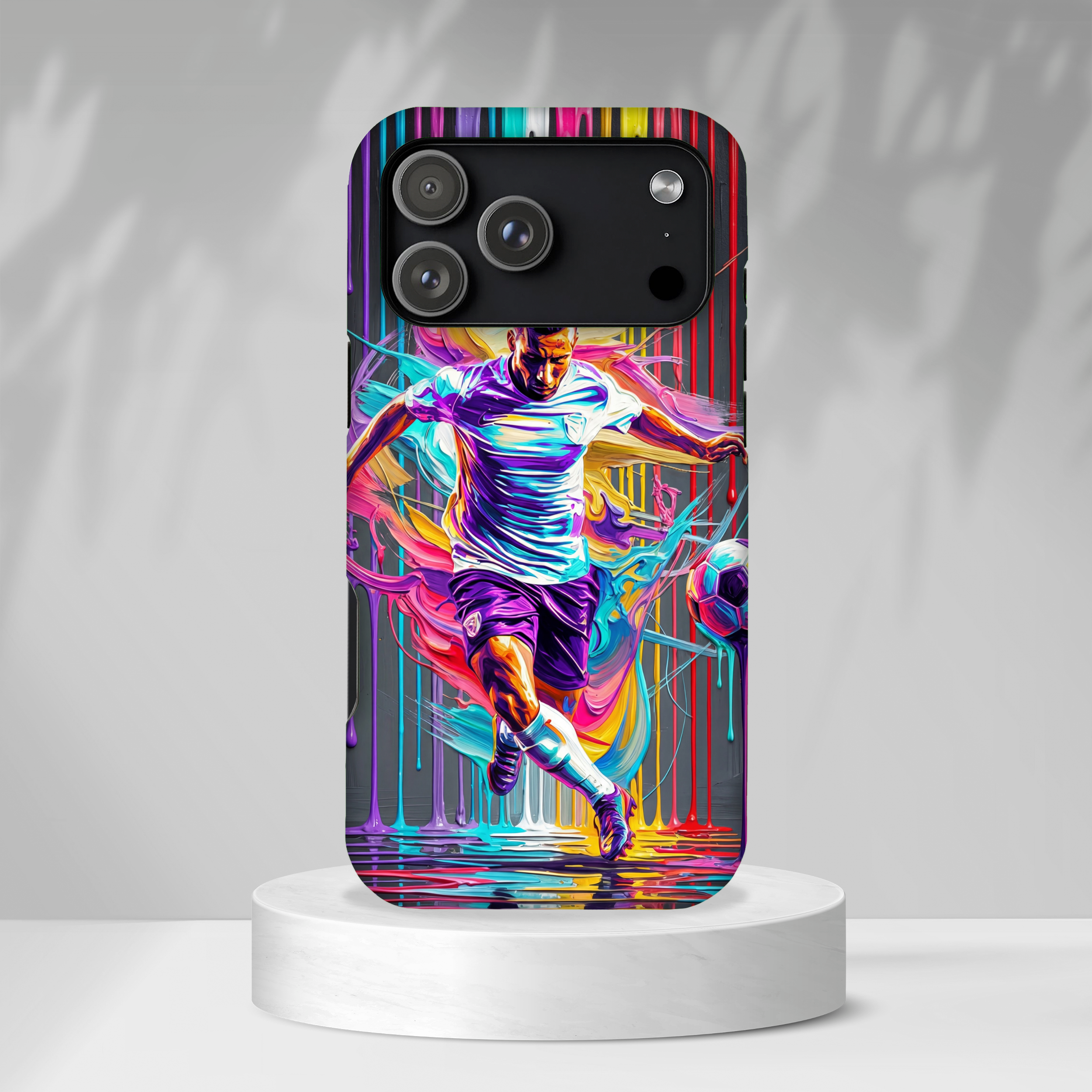 Soccer Player Neon Art MagSafe iPhone Case | Vibrant Football Kick Protective Cover
