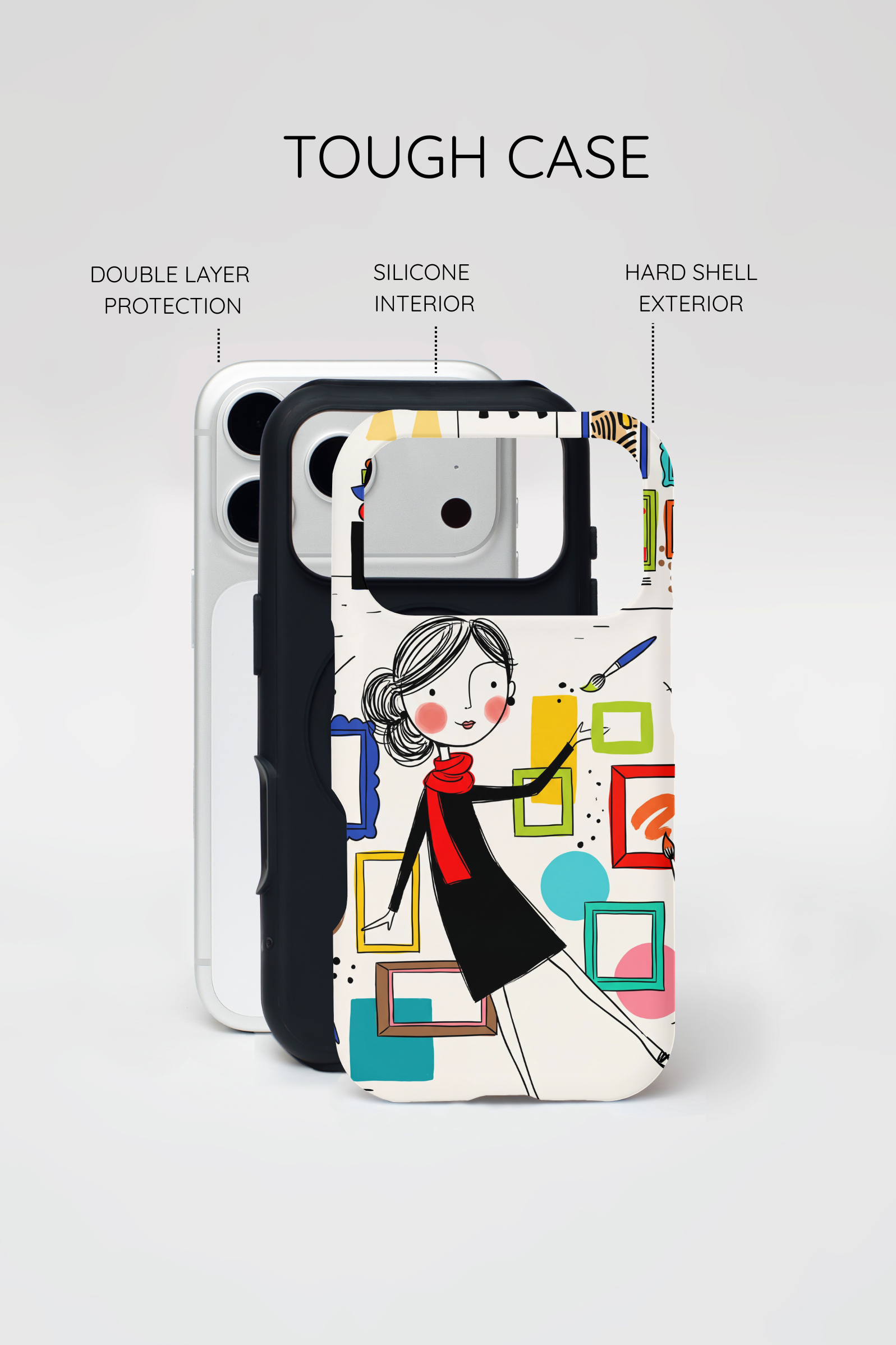 Cover per iPhone con illustrazione di galleria d'arte | Design con donna e cornici carine