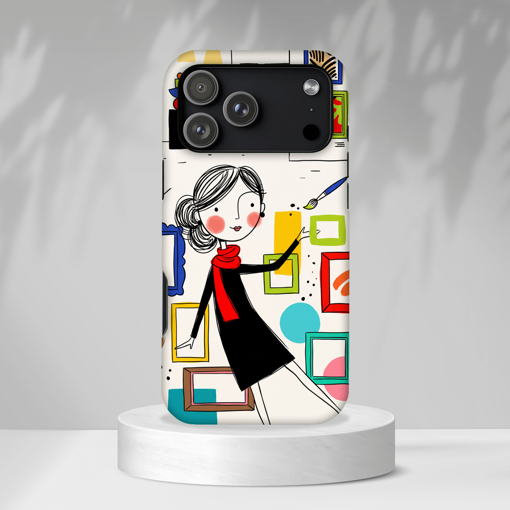 Cover per iPhone con illustrazione di galleria d'arte | Design con donna e cornici carine